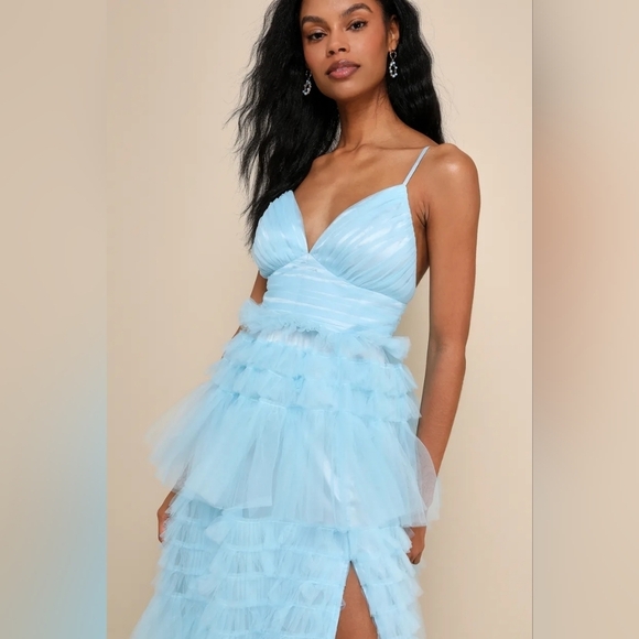 Lulus Gorgeous Statement Blue Tulle Tiered Ruffled Maxi Dress L Party Prom - Picture 4 of 9